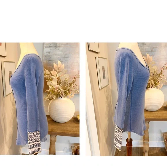 Free People Alpine Cuff Henley Thermal Shirt Blue  Ski Lodge Sz S - Picture 3 of 6